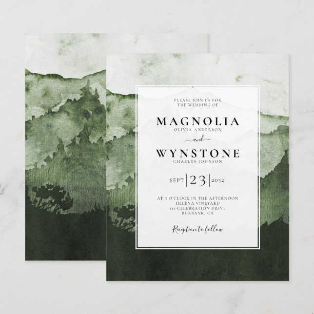 Budget Wasserfarbengebirge Hochzeitseinladung (Vorne/Hinten)