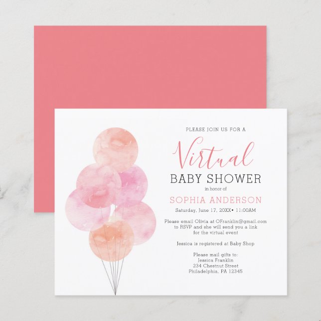 Budget Watercolor Balloons Virtual Baby Einladung (Vorne/Hinten)