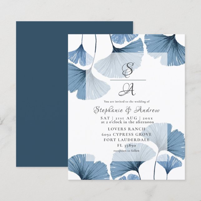 Budget Watercolor Blue Foliage Hochzeit Einladung (Vorne/Hinten)