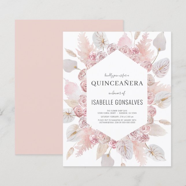 Budget Watercolor Boho QUINCEAÑERA Einladung (Vorne/Hinten)