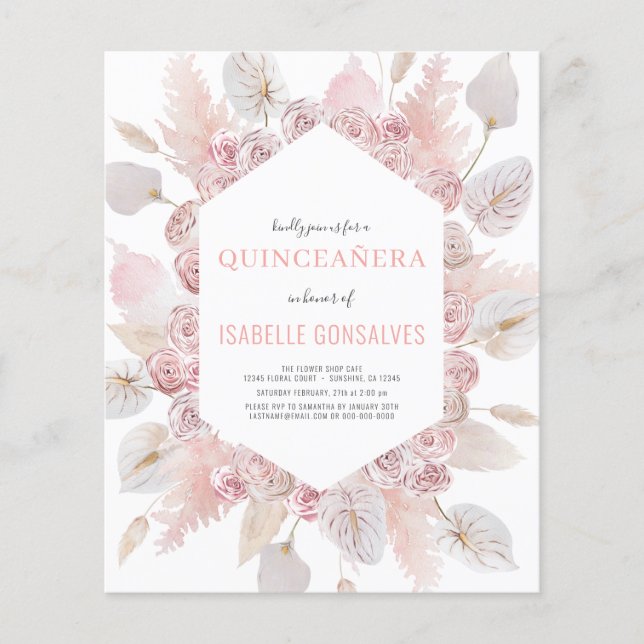 Budget Watercolor Boho QUINCEAÑERA Einladung Flyer (Vorne)