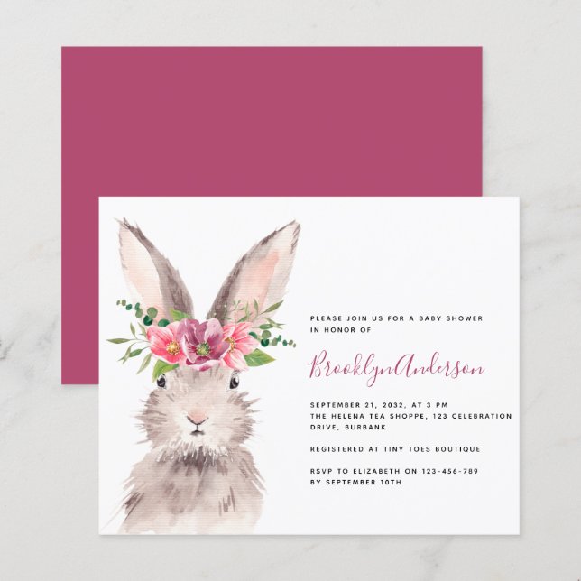 BUDGET Watercolor Bunny Baby Dusche Einladung (Vorne/Hinten)