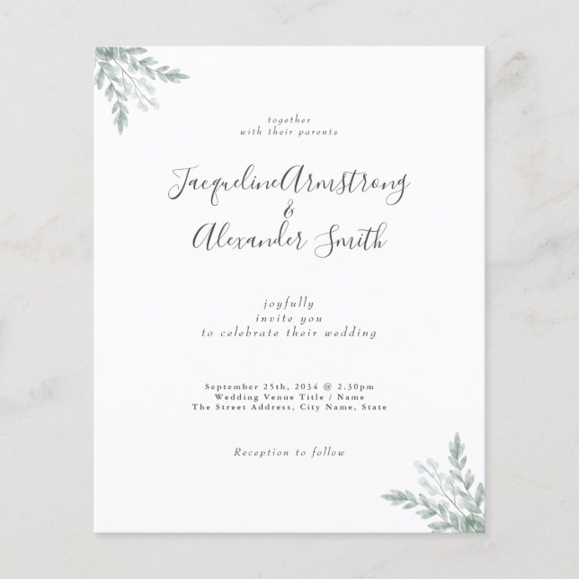 Budget Watercolor Eukalyptus Wedding Einladung Flyer (Vorne)