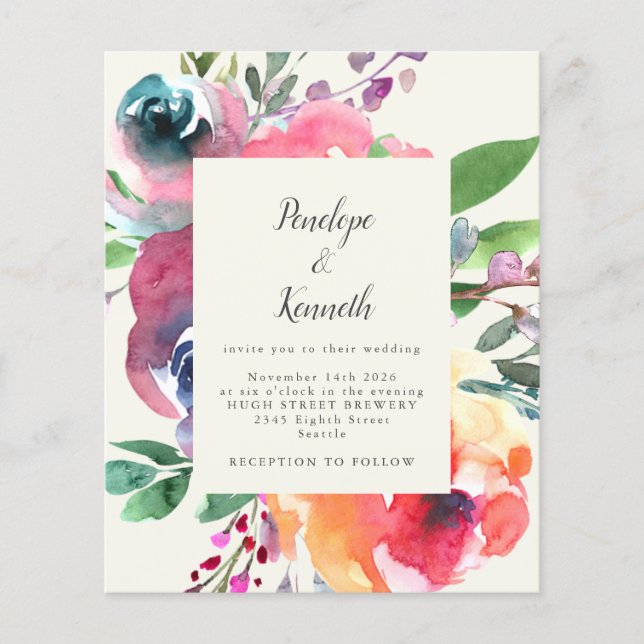Budget Watercolor Floral Elegante Script Hochzeit (Vorderseite)