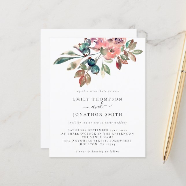 Budget Watercolor Florals Hochzeitsempfehlung (Vorderseite/Rückseite Beispiel)