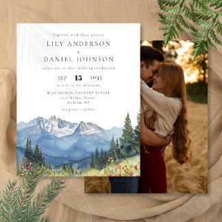Budget Watercolor Mountain Foto Hochzeit Einladung