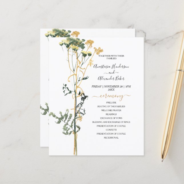 Budget Watercolor Rustic Wedding Program Karte. (Vorderseite/Rückseite Beispiel)