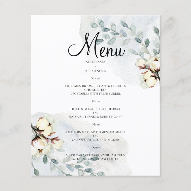 Budget Watercolor WEDDING MENU. Flyer (Vorne)