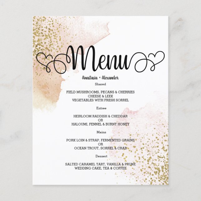 Budget Watercolor WEDDING MENU. Flyer (Vorne)