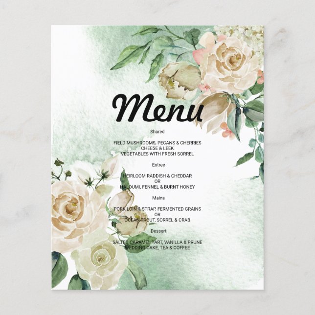 Budget Watercolor WEDDING MENU. Flyer (Vorne)