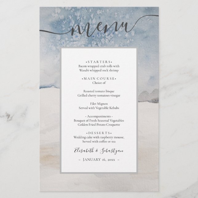 Budget Watercolor Winter Blue Silver Wedding Menü (Vorne)