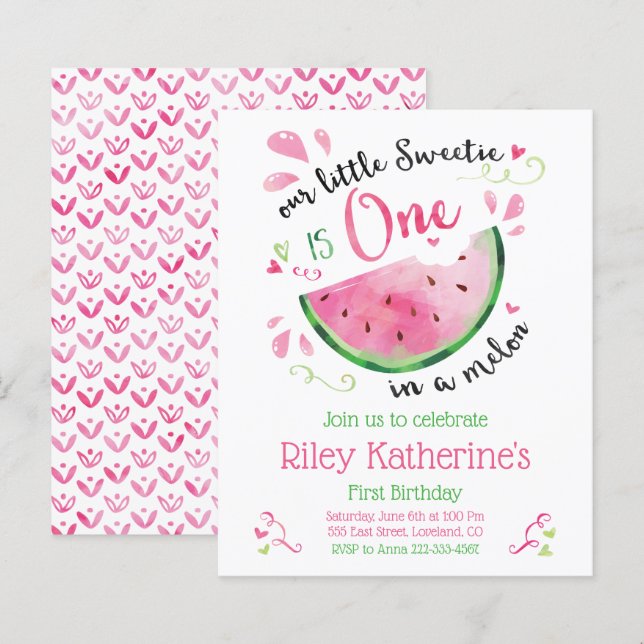 Budget Watermelon Erster Geburtstag Sommer Einladu (Vorne/Hinten)