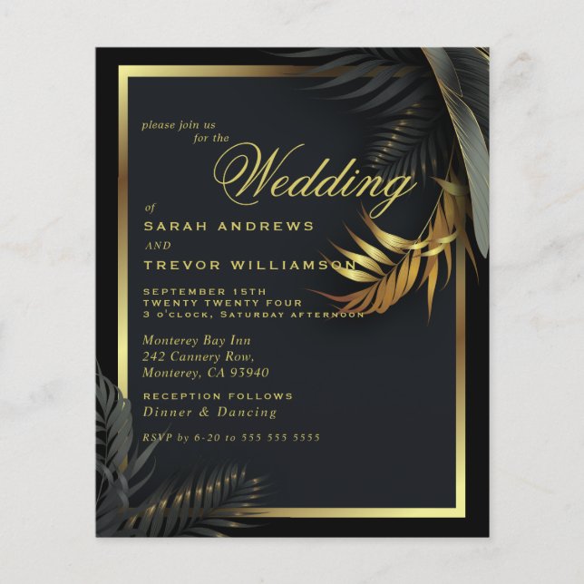 Budget Wedding Black Gold Gerahmte tropische Blätt (Vorderseite)