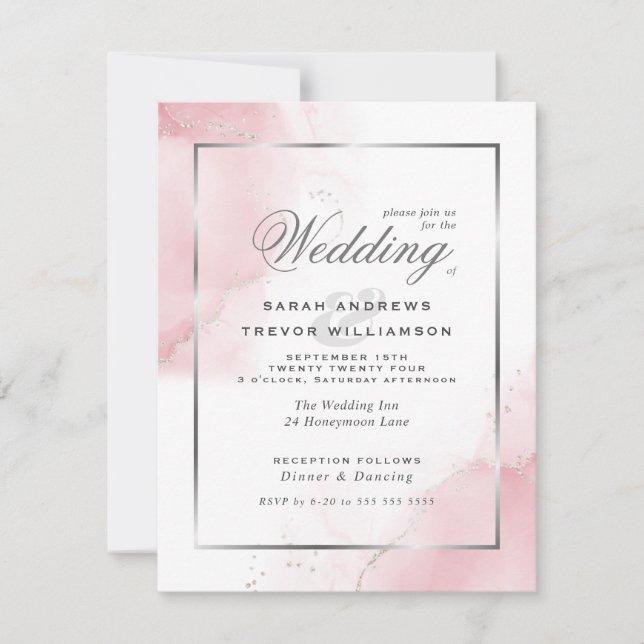 Budget Wedding Blush Pink Silver Abstrakt Einladung (Vorderseite)
