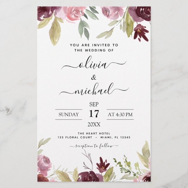 Budget Wedding Burgundy Pink Blues Einladung (Vorderseite)