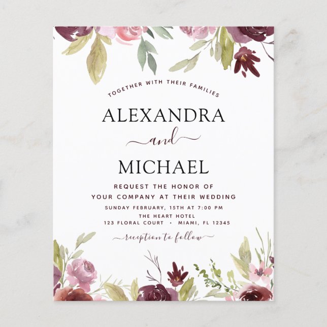 Budget Wedding Burgundy Pink Blues Einladung Flyer (Vorne)