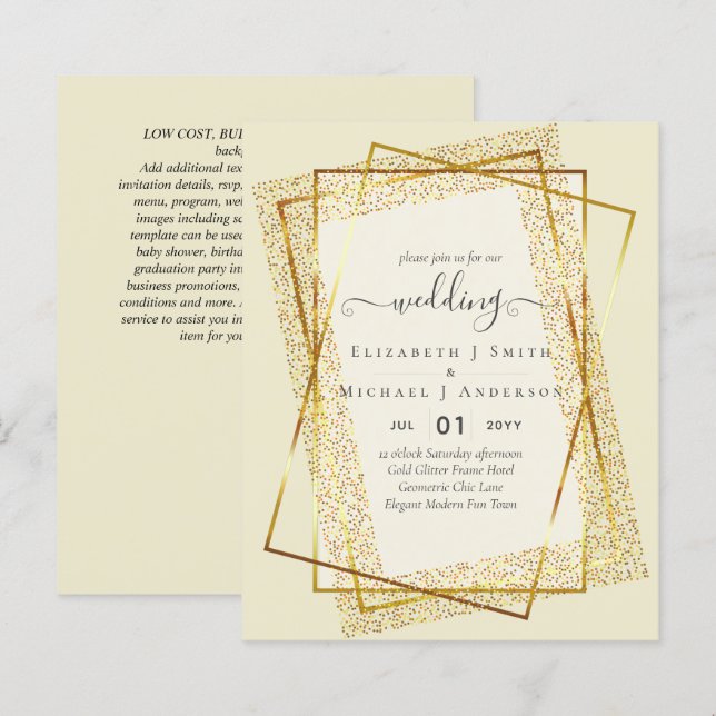 BUDGET WEDDING EINLADUNGEN Gold Glitter Geometric (Vorne/Hinten)