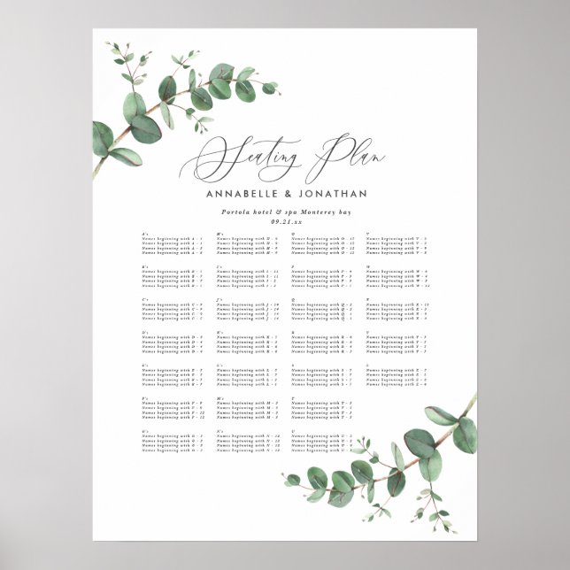 Budget Wedding Eukalyptus botanical sitzplan P Poster (Vorne)
