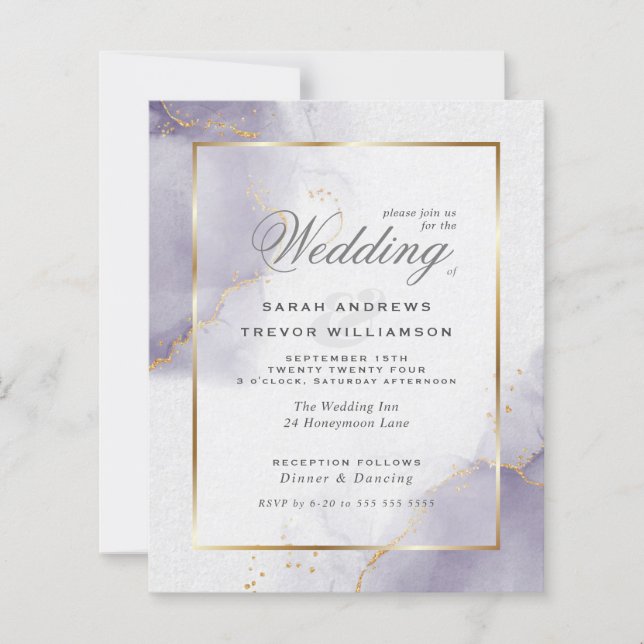 Budget Wedding Gold Dusty Plum Lila Einladung (Vorderseite)