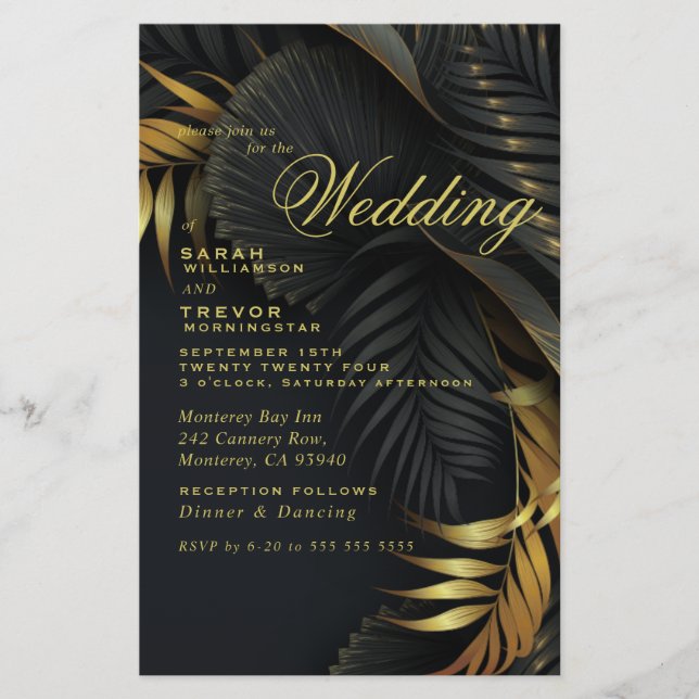 Budget Wedding Gold und Black Tropical Blätter (Vorderseite)