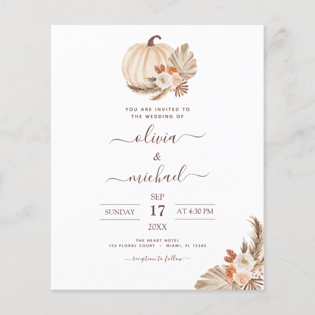Budget Wedding Pampas Grass White Pumpkin Flyer (Vorne)