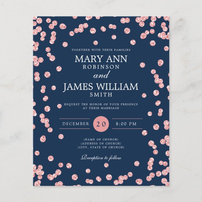 Budget Wedding Rose Gold Glitzer Navy Einladung (Vorderseite)