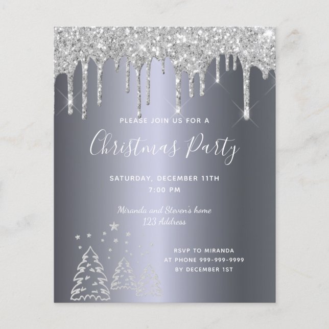 Budget Weihnachts Party Silber Glitzer Einladung (Vorderseite)
