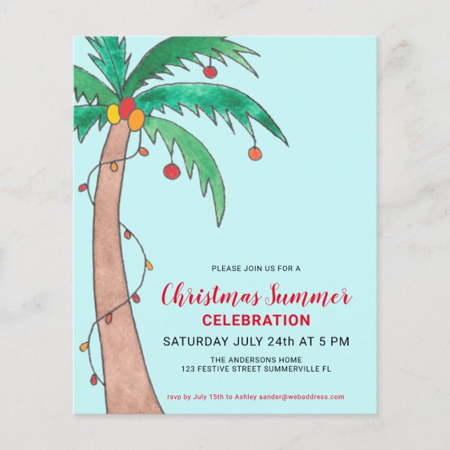 Budget Weihnachts Sommer Party Palm Einladung (Vorderseite)