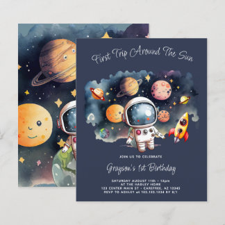 Budget Weltraum Planets Blue 1. Geburtstag Einladu