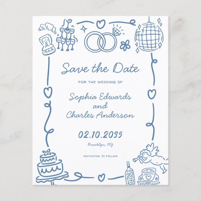Budget Whimsical Doodles Wedding Save the Date (Vorderseite)