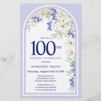 Budget White Blue Floral 100. Geburtstag Einladung
