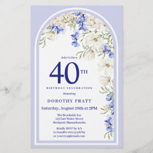 Budget White Blue Floral 40. Geburtstag Einladung