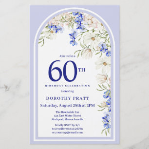 Budget White Blue Floral 60. Geburtstag Einladung
