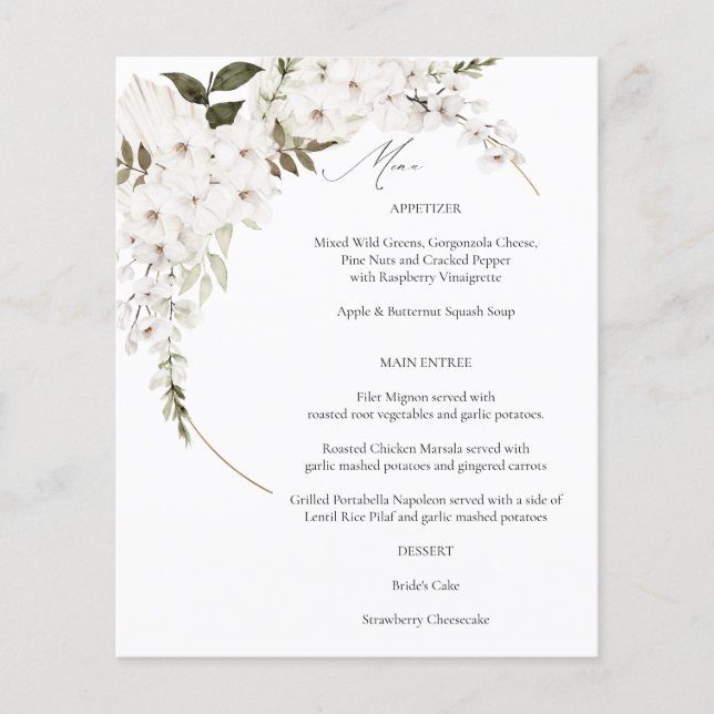 Budget White Boho Floral Menu Flyer (Vorne)