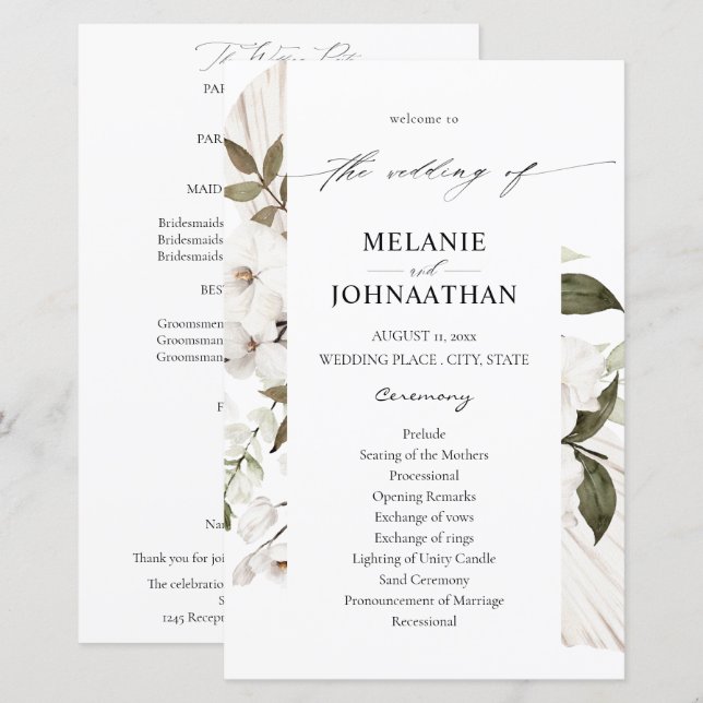 Budget White Boho Floral Wedding Program MED (Vorne/Hinten)