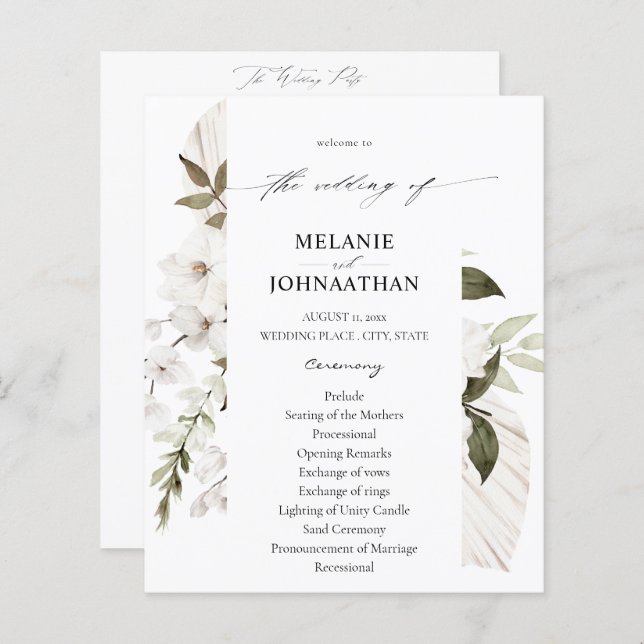 Budget White Boho Floral Wedding Programme (Devant / Derrière)