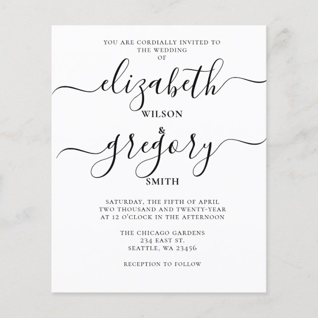 Budget White Calligraphy Wedding Einladung (Vorderseite)