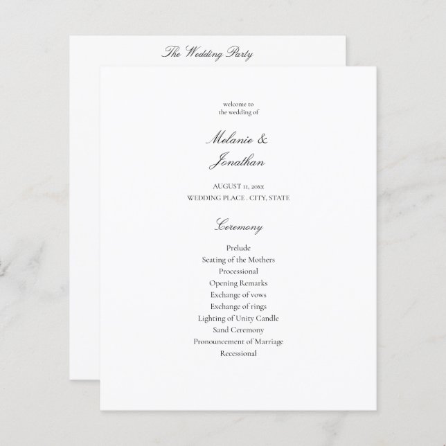 Budget White Elegance Wedding Program (Vorne/Hinten)