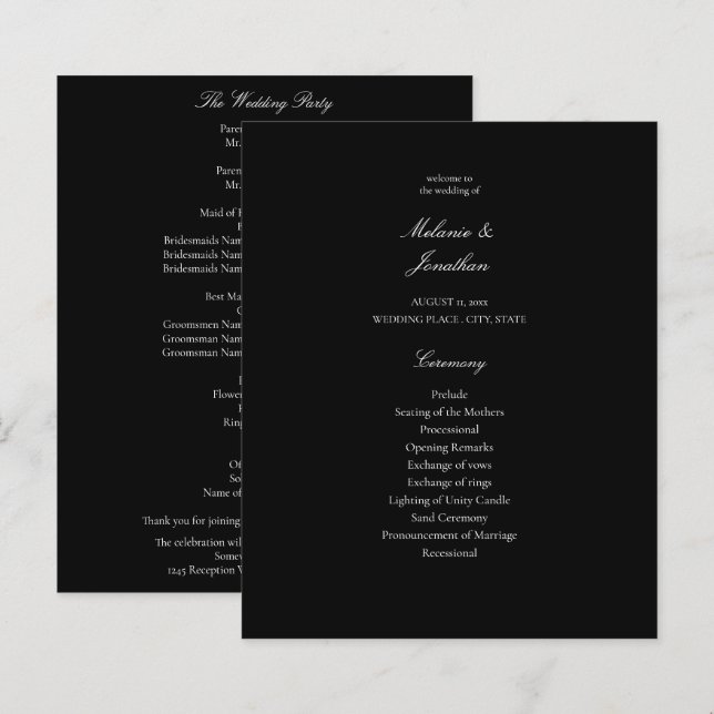 Budget White Elegant Wedding Programme - Noir (Devant / Derrière)