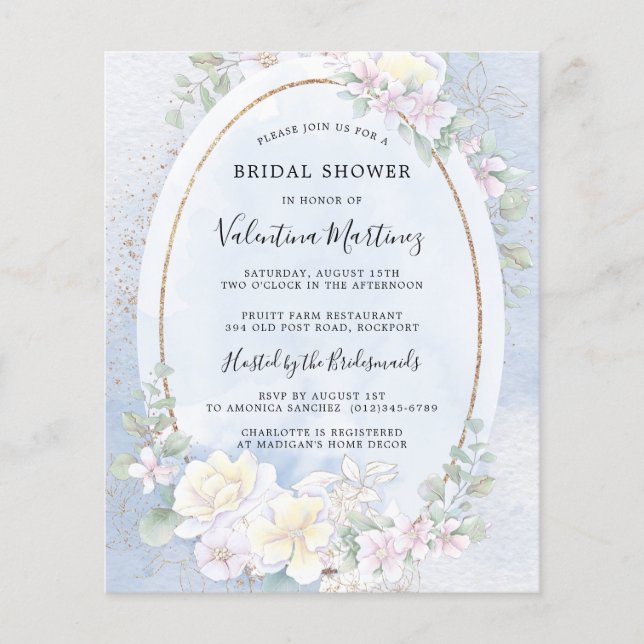 Budget White Floral Blue Bridal Dusche Einladung (Vorderseite)