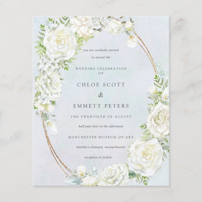Budget White Floral Blue Hochzeit Einladung (Vorderseite)
