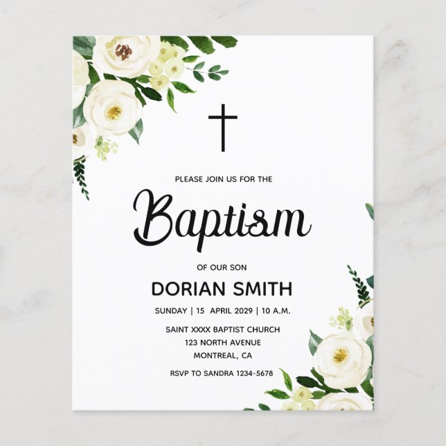 Budget White Floral Boy Baptism invitation (Vorderseite)