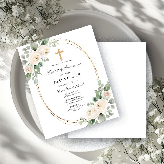 Budget White Floral First Communion Invitation (Von Creator hochgeladen)