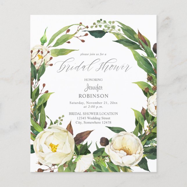 Budget White Floral & Greenery Brautparty Flyer (Vorne)