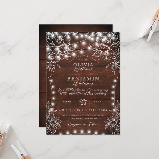 Budget White Floral & Rustic Wood Lights Wedding I Einladung (Vorderseite/Rückseite Beispiel)