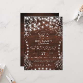 Budget White Floral & Rustic Wood Lights Wedding I Einladung