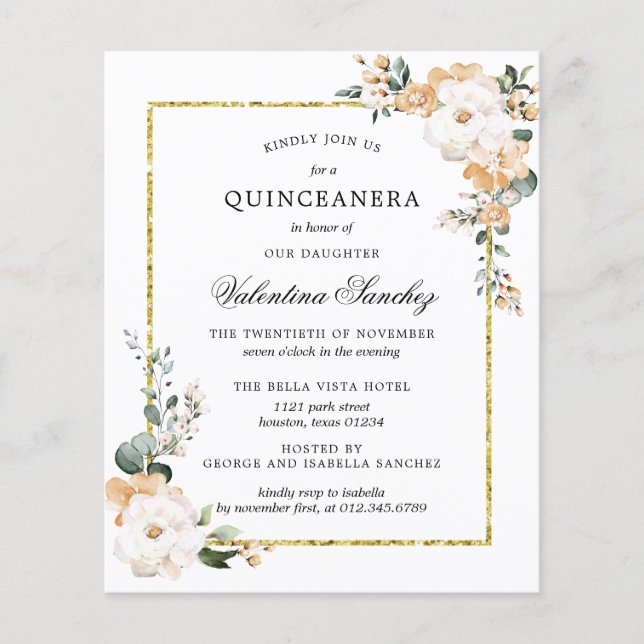 Budget White Gold Floral Quinceanera Einladung (Vorderseite)