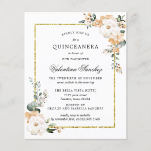 Budget White Gold Floral Quinceanera Einladung