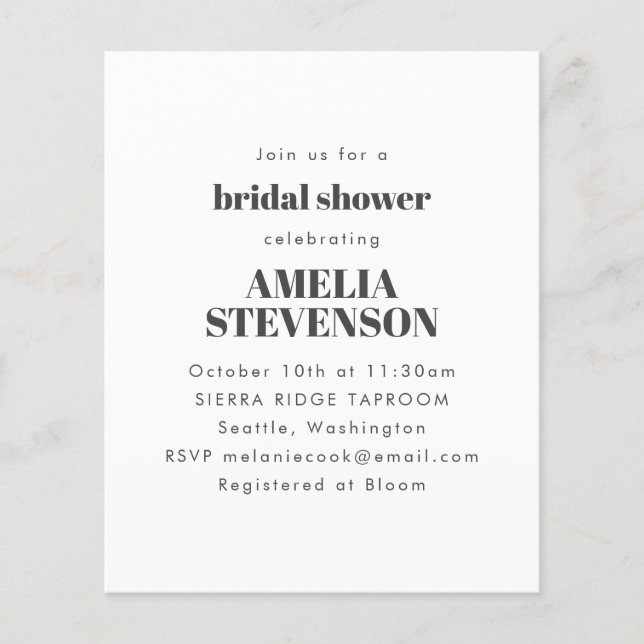 Budget White Minimalistisch Bridal Dusche Einladun (Vorderseite)