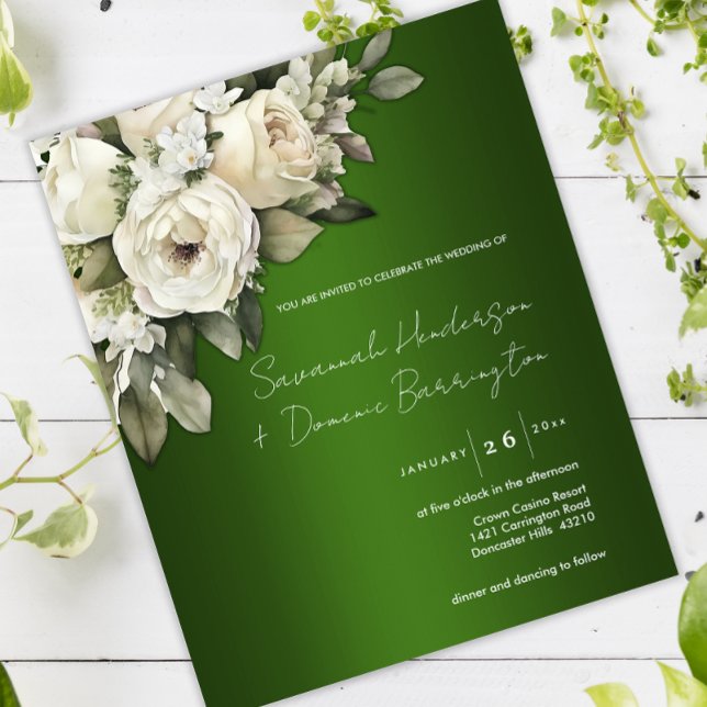 Budget White Rose Bouquet Emerald Green Wedding Flyer (Von Creator hochgeladen)